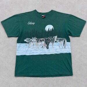 Vintage 90s Signal Sports Wolf Pack Wraparound T-Shirt Green Solvang CA Large